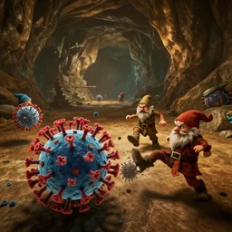deep rock galactic gameplay footage showing a macroscopic coronavirus on the floor of the caves of hoxxes iv and three dwarves are angrily kicking and stomping on the virus, hoxxes iv cave in background, unreal engine 4, deep rock galactic gameplay, 4 k, hdr