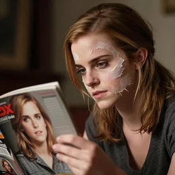 A shapeshifter is peeling of his face skin to transform into Emma Watson, shapeshifter is watching magazine in the picture of Emma Watson, Photo taken with Provia