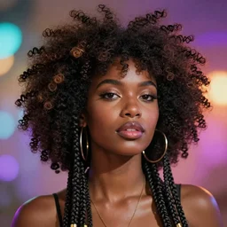stunning breathtaking portrait of an afro goddess, afrofuturism, braided hair, beautiful volumetric lighting, a vibrant color explosion in bokeh background, artstation, photorealism, smooth