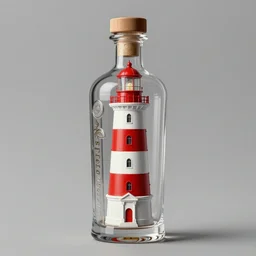 a red and white lighthouse inside a clear bottle, very fancy whiskey bottle, intricate concept painting by john collier and albert aublet and krenz cushart and artem demura and alphonse mucha
