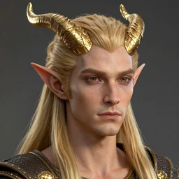 adult male elf ; 2 5 years ; sharp effeminate face ; elf ; clean shaven ; long golden hair ; golden horns ; patches of scales ; pointed ears ; trending on artstation ; cinematic ; high detail ; digital art