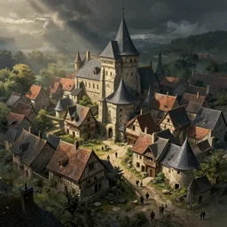 small village in medieval france, 4 k, concept art, by wlop, ilya kuvshinov, artgerm, krenz cushart, greg rutkowski, pixiv. cinematic dramatic atmosphere, sharp focus, volumetric lighting, cinematic lighting, studio quality
