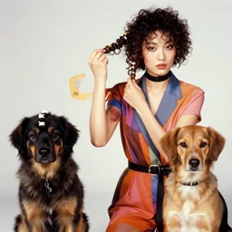 a studio portrait of a beautiful fashion model that is curling her hair and hir dogs in the curls. surreal photograph, lo - fi, polished look, silly and serious, hermes ad, fashion photography, toiletpaper magazine, 3 5 mm photograph, colourful, by pierpaolo ferrari, maurizio cattelan
