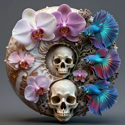 trapped in my conscious, nautilus, orchid, skull, betta fish, bioluminiscent creatures, intricate artwork by beeple. octane render, trending on artstation, greg rutkowski very coherent symmetrical artwork. cinematic, hyper realism, high detail, octane render, 8 k