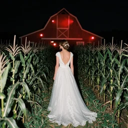 analog photograph of beautiful bride from the back wearing a long flowing wedding dress in corn field with a barn at night by mark owen. red lights. bokeh. cinematic. hq. detailed. contrast. cinestill 8 0 0 t
