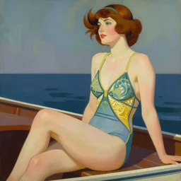 a painting of a woman in a bathing suit sitting on a boat, an art deco painting by tom whalen, trending on behance, art deco, digital illustration, storybook illustration, art deco, flat shading, vector art, airbrush