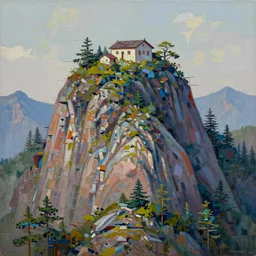 a painting of a mountain with a house on top of it, a detailed matte painting by yang buzhi, trending on artstation, action painting, artstation hq, detailed painting, glitch art