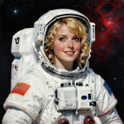 highly detailed portrait of a hopeful pretty astronaut lady with a wavy blonde hair, by Bernard Buffet, 4k resolution, nier:automata inspired, bravely default inspired, vibrant but dreary but upflifting red, black and white color scheme!!! ((Space nebula background))