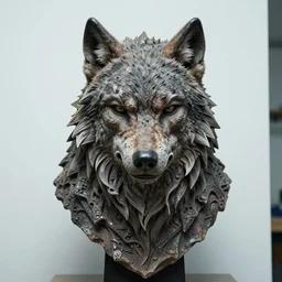 photo taken of an epic intricate, ultra detailed, super realistic gritty, terrifying, lifelike bust sculpture of a werewolf creature design, created by weta workshop, zoomed in shots, photorealistic, sharp focus, white wall coloured workshop, cold colour temperture, f 0. 4, face centred