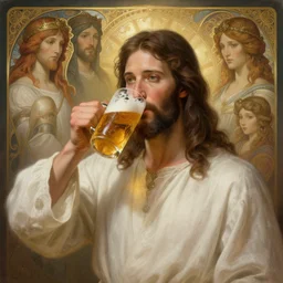bold jesus drink a beer, diffuse lighting, fantasy, intricate, elegant, highly detailed, lifelike, photorealistic, digital painting, artstation, illustration, concept art, smooth, sharp focus, art by john collier and albert aublet and krenz cushart and artem demura and alphonse mucha