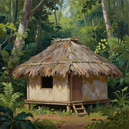 a beautiful painting of a closeup small hut lost deep in the amazon jungle, matte painting, art by christophe vacher