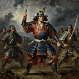 baroque oil painting of key visual great samurai war, many warriors, rain, storm, final fantasy, fake detail, trending pixiv fanbox, acrylic palette knife, style of makoto shinkai takashi takeuchi yoshiyuki sadamoto greg rutkowski chiho aoshima, artstation, manga