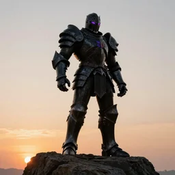 Giant Black Armored knight with purple eyes standing on a giant rock, Sunset