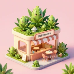 isometric cute cartoon illustration style cafe australian, decorated with cute cannabis pot plants 🪴 utopian frontage, poster, beautiful colors pastel palette by will barnet, digital art, hyperrealistic, sharp detailed soft, render cartoon by pixar