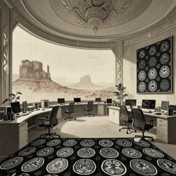 ( ( dither ) ), editorial illustration multiple ( ( ct brain scan slices ) ), office interior, modern art deco, ( ( mads berg ) ), christopher balaskas, murata range, rich grainy texture, detailed, dynamic composition, wide angle, matte print, art nouveau, low fog, monument valley