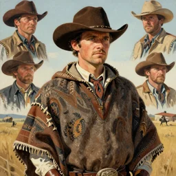 outlaw cowboy dressed in poncho, pulp book cover character art, portrait. artwork by robert k. abbett, harry bennett, ernest chiriacka, mitchell hooks, robert mcginnis