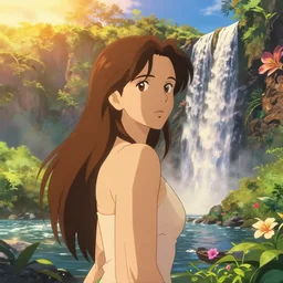 an epic makoto shinkai and renoir landscape with a hawaiian waterfall, golden hour, 🌺, a beautiful woman with long brown hair, ultra smooth, octane render, lois van baarle, ilya kuvshinov