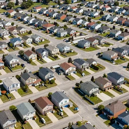 overhead view of a neighborhood consisting of the same house over and over again