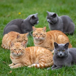 three orange cats and two grey cats relaxing in a field