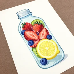 ( ( dither ) ), editorial illustration strawberries blueberries sliced kiwi sliced lemon inside a clear drinking bottle, isometric, modern art deco, ( ( mads berg ) ), detailed, dynamic composition, wide angle, matte print, film grain