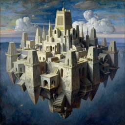 an epic painting by akseli gallen - kallela of a massive city constructed of ancient stone of impossible architecture floating in the astral plane