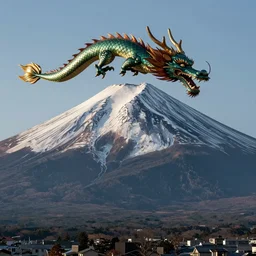 a japanese dragon flying over mount fuji