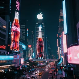 a cyberpunk city with crazy illuminated coca - cola and apple signs