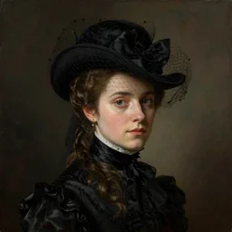 Portrait of a Young Victorian widow wearing a black veiled hat in the style of Rembrandt, Gustav Klimt, edge lighting, tonmapped, painterly
