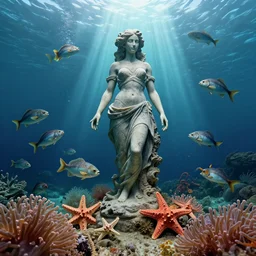 a statue at the bottom of the sea, fishes swimming, anemones and starfish, mc escher, gordon onslow ford, georgia o'keeffe and ivan aivazovsky, cinematic light, god rays, colourful, unreal engine, zbrush central,