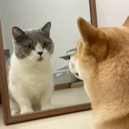 a dog looking curiously in the mirror, seeing a cat.