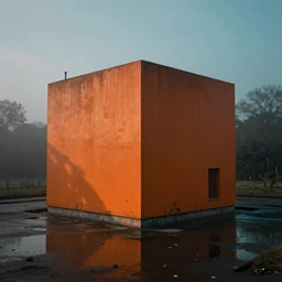 huge orange concrete cube by le corbusier, in the fog, by artgerm and eddie mendoza, orange shadows and teal glow, puddles of water, sunset, trees, dark, moody, volumetric lighting, dirty