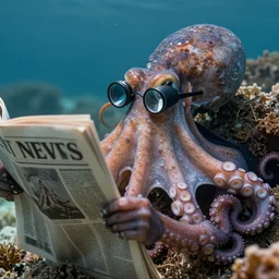 an octopus reading a newspaper. the octopus is wearing a monocle. beautiful lighting. nature photography. award - winning