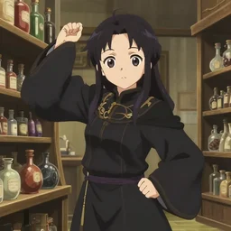anime frames, anime visual, portrait of a young female traveler wearing an ornate black robe in a alchemist's potion shop interior shopping, cute face by ilya kuvshinov and yoh yoshinari, dynamic perspective pose, anime cels, rounded eyes, smooth facial features, fantasy
