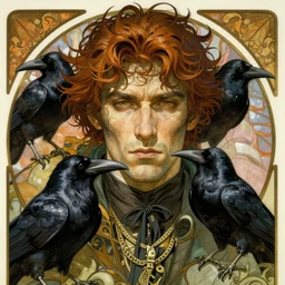 realistic detailed face portrait of a rugged handsome male raven trickster with ravens by alphonse mucha, ayami kojima, amano, greg hildebrandt, and mark brooks, male, masculine, art nouveau, neo - gothic, gothic, character concept design