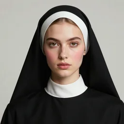 professional head shot concept art of a beautiful fashion model wearing catholic spiritual clothes by reza nia, nick knight, amy judd, jil sander minimal elite style, posed, hyper realistic face, beautiful brown eyes, flushed cheeks, professional makeup, studio, studio lighting, medium format 8 0 mm lens, flat natural tones, sharp focus, 8 k, stunning matte painting