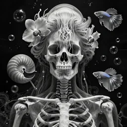 close-up portrait goddess skull, thorax, x-ray, backbone, jellyfish phoenix head, nautilus, orchid, betta fish, bioluminiscent creatures, dark deep complex air bubbles in background, intricate artwork by Tooth Wu and wlop and beeple. octane render, trending on artstation, greg rutkowski very coherent symmetrical artwork. cinematic, black and white, contrast, hyper realism, high detail, octane render, 8k