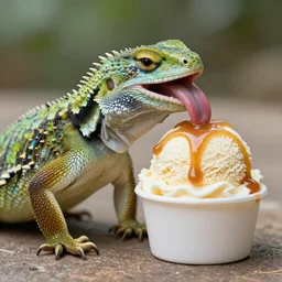 Lizard licking Ice cream with caramel topping