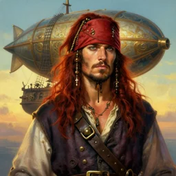 portrait painting of a handsome rugged long hair crimson hair male pirate, soft hair steampunk ornate zeppelin blimp airship in the background sky sunset golden hour art by raphael lacoste and stephan martiniere greg rutkowski gaston bussiere fantasy soft hair trending on artstation deviantart book cover art dramatic volumetric lighting, 4 k, award winning