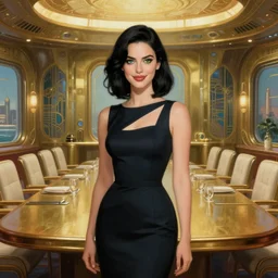 beautiful woman with black hair and green eyes, smirking. she is wearing a cocktail dress. she is in a conference room of the atlantis paradise, a retro futuristic spaceship made of brass, art deco influence, hotel style design. clean, well composed painting by artgerm and greg rutkowski.