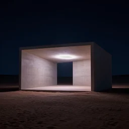 concrete structure with neon lights in the middle of a desert, minimalistic architecture, at night, dark, surreal, open space, light art, james turrel,