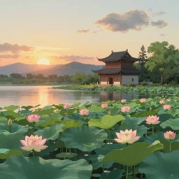a serene landscape with singular building near a lake with lotus at sunrise, pixar style, ghibli studio anime style, 8 k, hdr, octane render, unreal