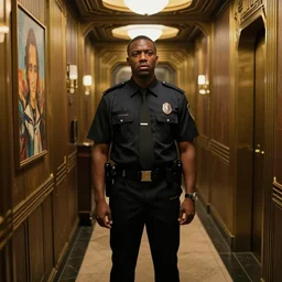 tahmoh penikett wearing a hotel security uniform. he looks concerned. he is in a brass bronze gold retro futuristic art deco hotel corridor. beautiful painting by artgerm and greg rutkowski and ilya kuvshinov
