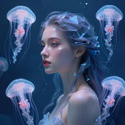full portrait of woman in deep water jellyfish swimming around her, elegant, highly detailed, smooth, sharp focus, trippy, dmt, psychedelic, illustration, beautiful, geometric, trending on artstation, cinematic, artwork by WLOP