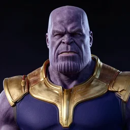 Sam Hyde cosplaying as Thanos, close-up, sigma male, rule of thirds, award winning photo, unreal engine, studio lighting, highly detailed features, interstellar space setting