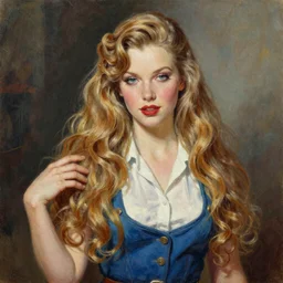 long hair, ultra detailed, by greg hildebrandt fancy oil painting high quality clothed in pin up style