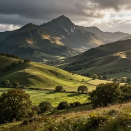 medieval scenic with a fields hills and mountains