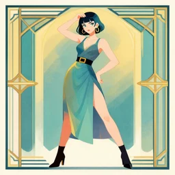 ( ( dither ) ), editorial illustration full body portrait of aya gloomy posing, dynamic pose, modern art deco, colorful, ( ( mads berg ) ), christopher balaskas, victo ngai, rich grainy texture, detailed, dynamic composition, wide angle, matte print