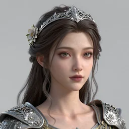 complex 3 d render, ultra detailed, realistic headshot portrait of a beautiful porcelain skin woman, face, wispy, wavy hair worn tied back in a messy bun, wearing filigree silver elven circlet, floral filigree breastplate armor, detailed open eyes, round catchlights, pretty flowers in hair, mauve lips, 5 0 mm lens, beautiful,