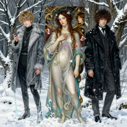 triad of 3 winter muses as december, january, and february, style is mix æon flux, peter chung, shepard fairey, botticelli, ivan bilibin, and john singer sargent, inspired by pre - raphaelites, shoujo manga, harajuku street fashion, dormant nature, snow, ice, stark colors, superfine inking, ethereal, mystical, 4 k extremely photorealistic, arnold render