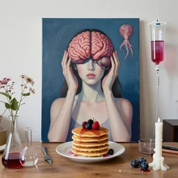 “ sensual, a portrait in a female art student ’ s apartment, pancakes, woman holding a brain from inside a painting, berries, octopus, iv drip ; scientific glassware, art supplies, a candle dripping white wax, ikebana, berry juice drips, neo - expressionism, surrealism, acrylic and spray paint and oilstick on canvas ”